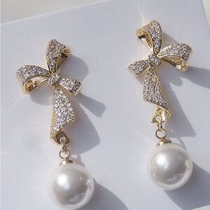 Gold Ribbon Bow Pearl Drop Earrings - Women Jewelry